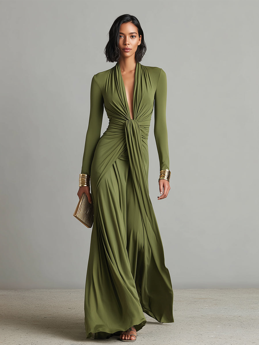 Vestido Maxi de Seda Verde Oliva con Escote en V