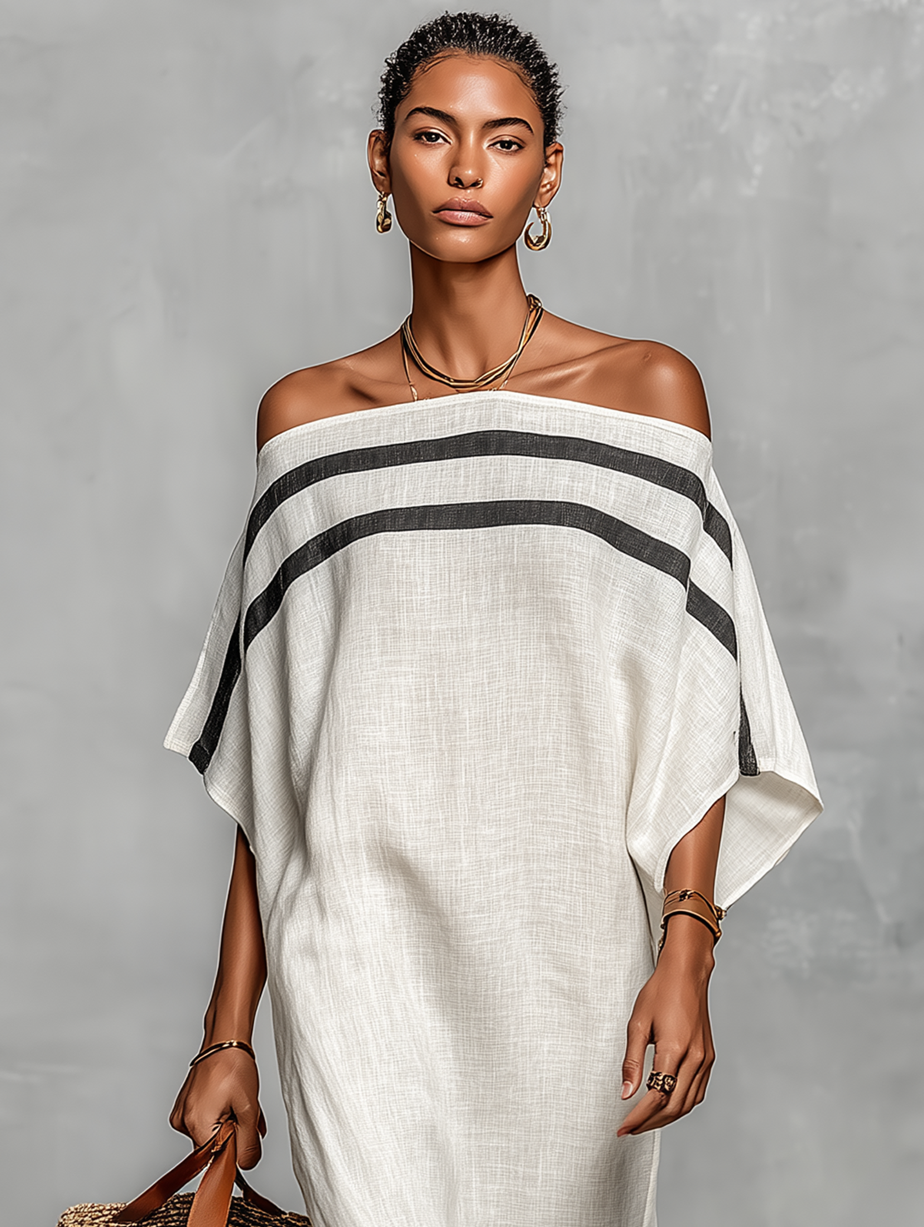 Vestido Maxi de Lino Minimalista Hombros Descubiertos