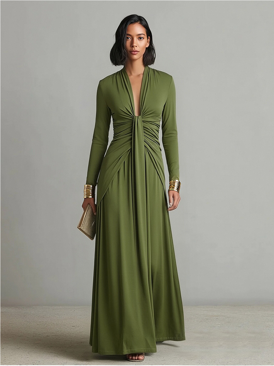 Vestido Maxi de Seda Verde Oliva con Escote en V