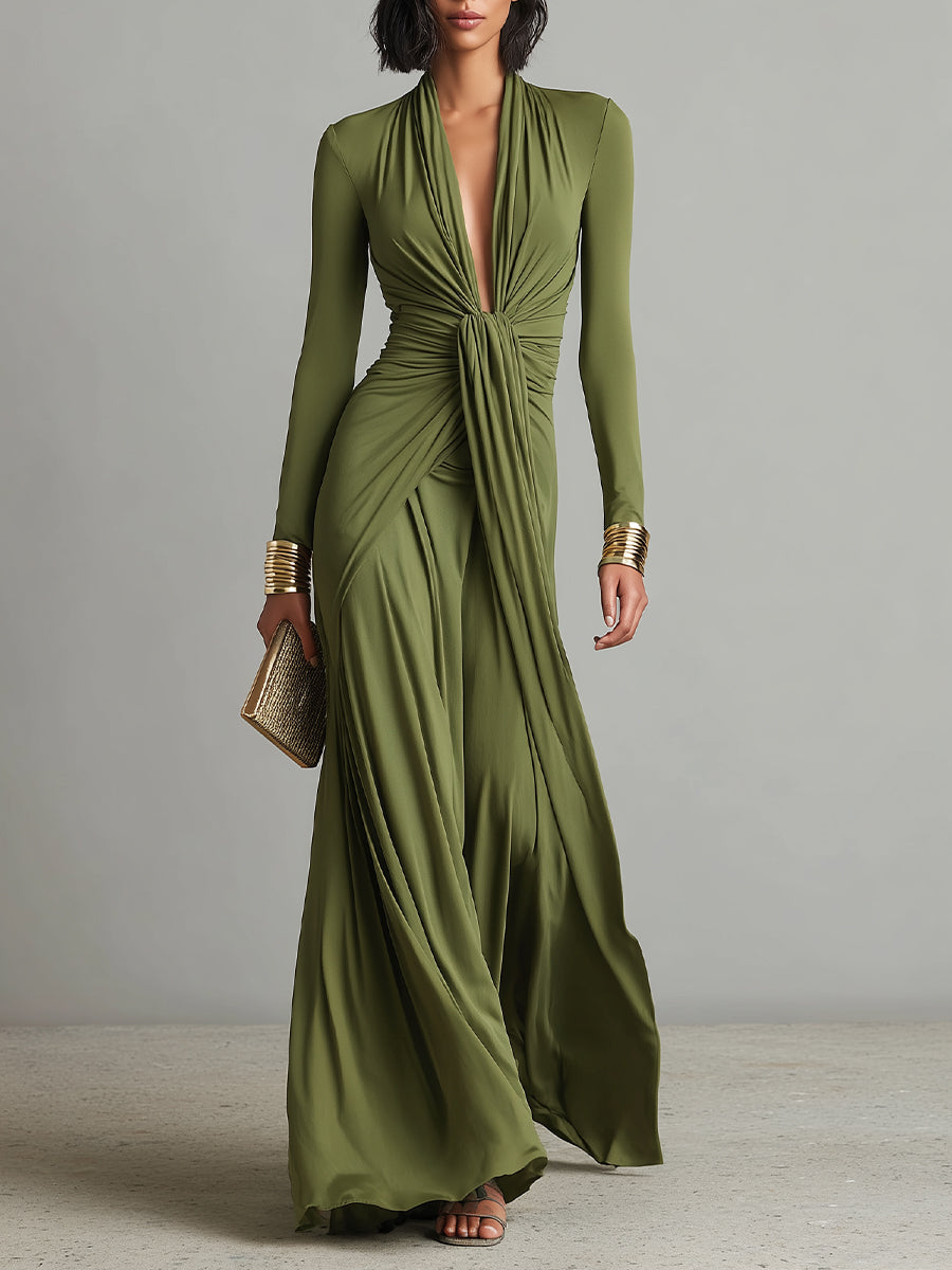 Vestido Maxi de Seda Verde Oliva con Escote en V