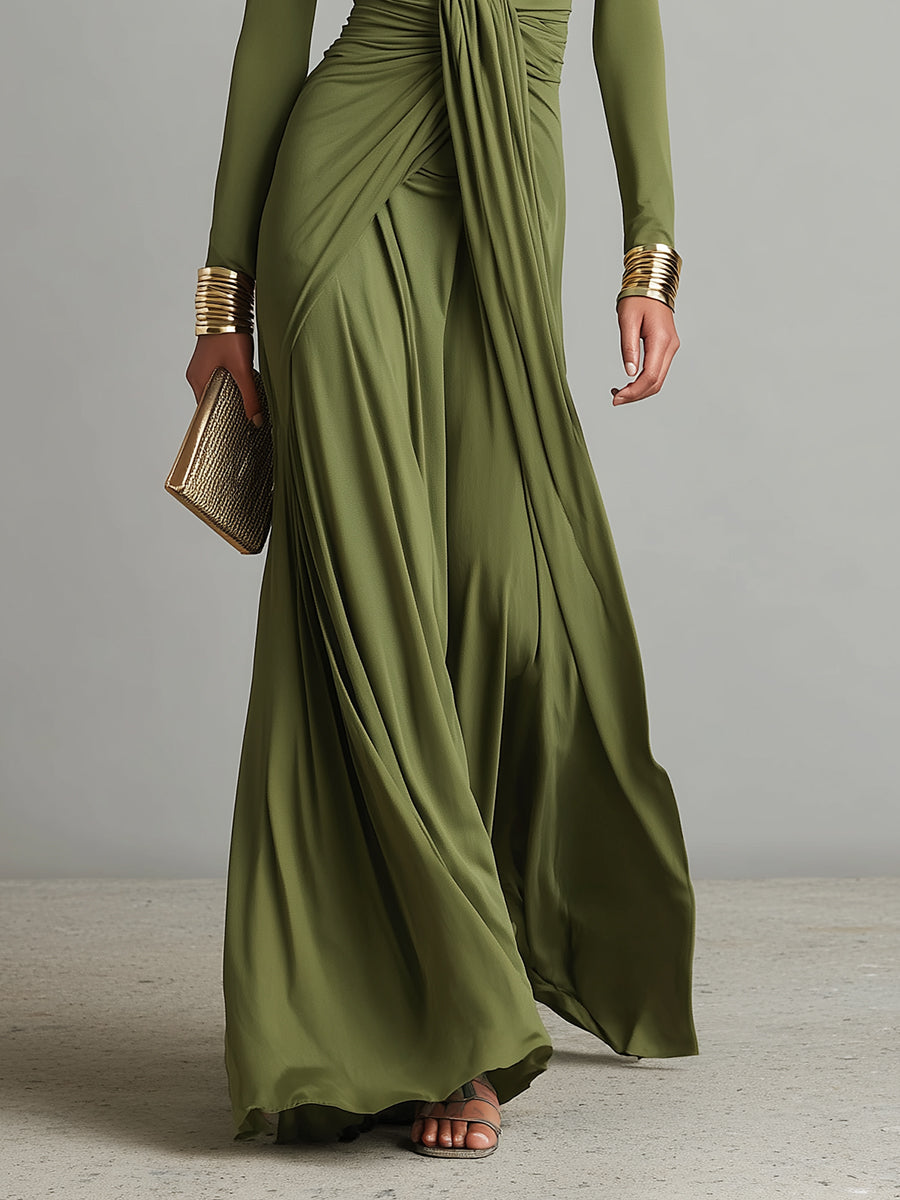 Vestido Maxi de Seda Verde Oliva con Escote en V