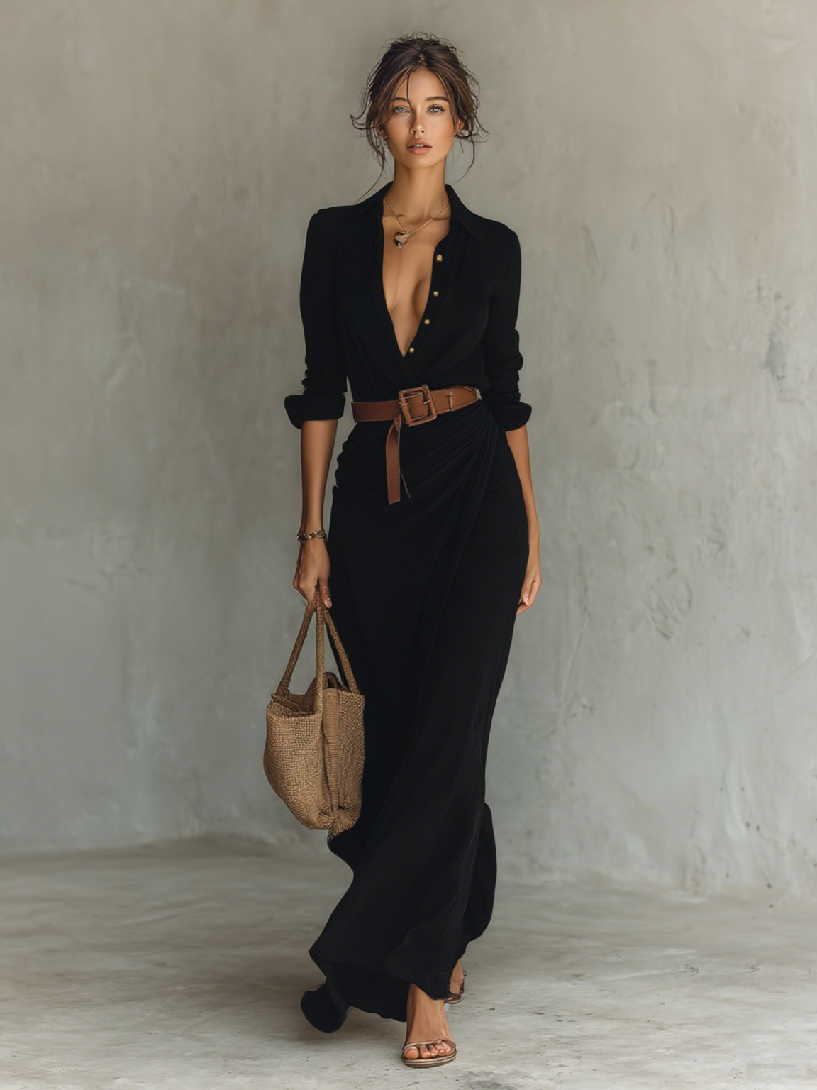 Vestido Maxi con Solapa y Manga Larga