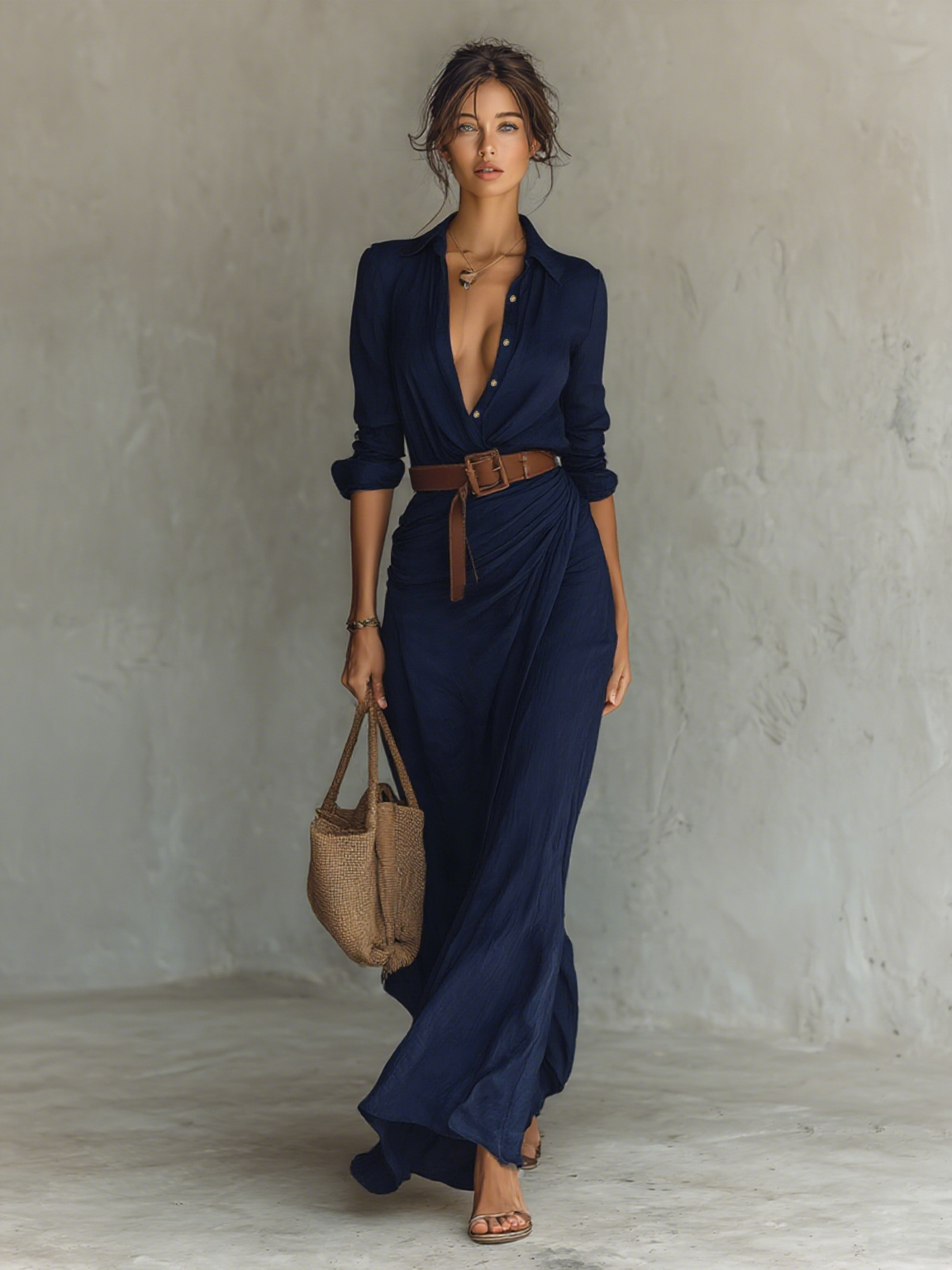Vestido Maxi con Solapa y Manga Larga