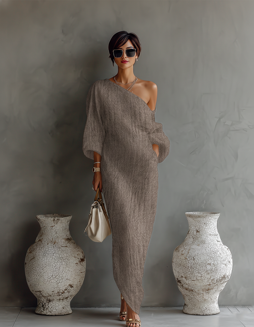 Vestido de Lino Marfil con Hombro Descubierto