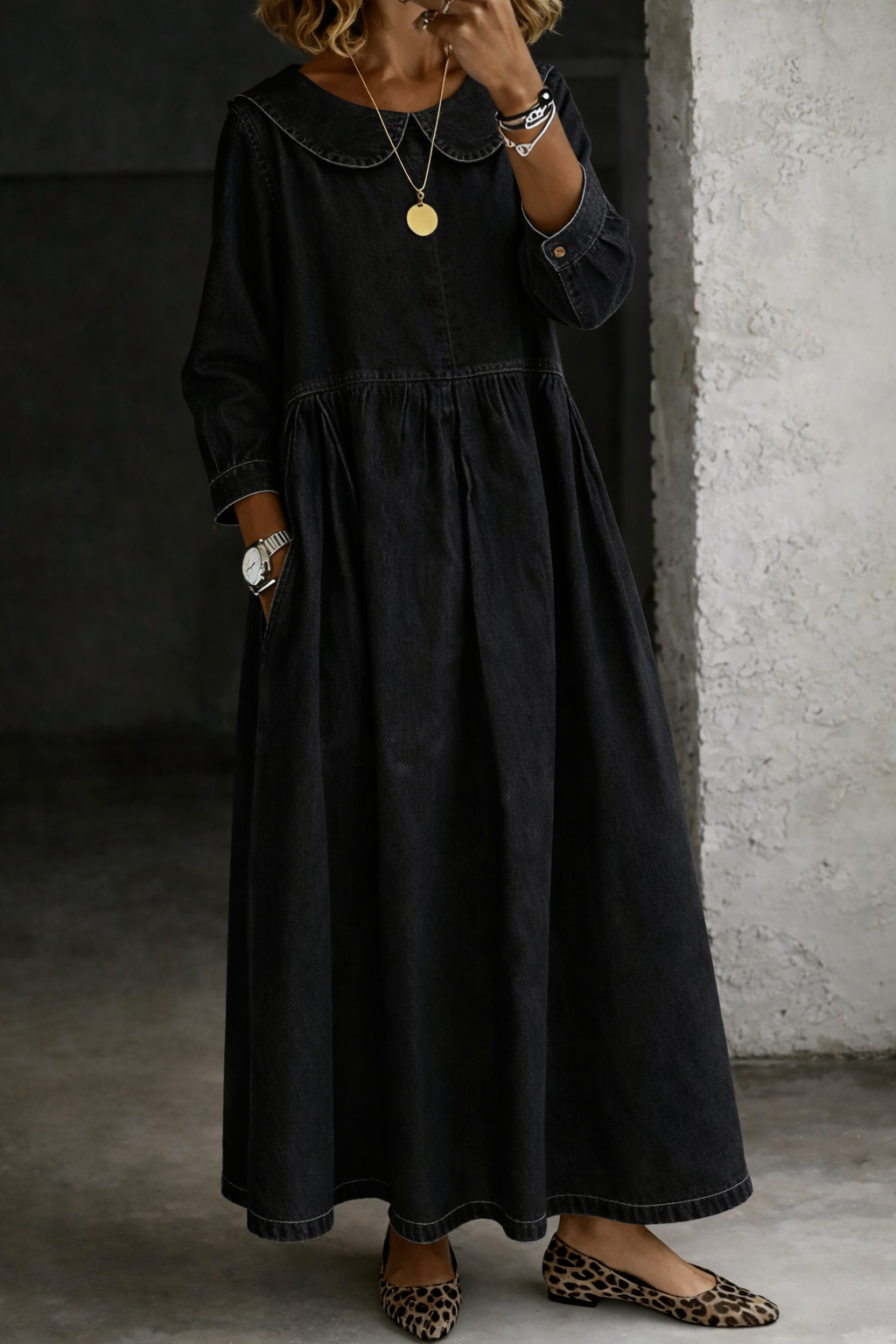 Clara™ | Vestido vaquero cuello Peter Pan