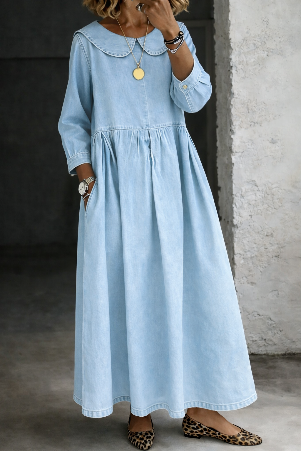 Clara™ | Vestido vaquero cuello Peter Pan
