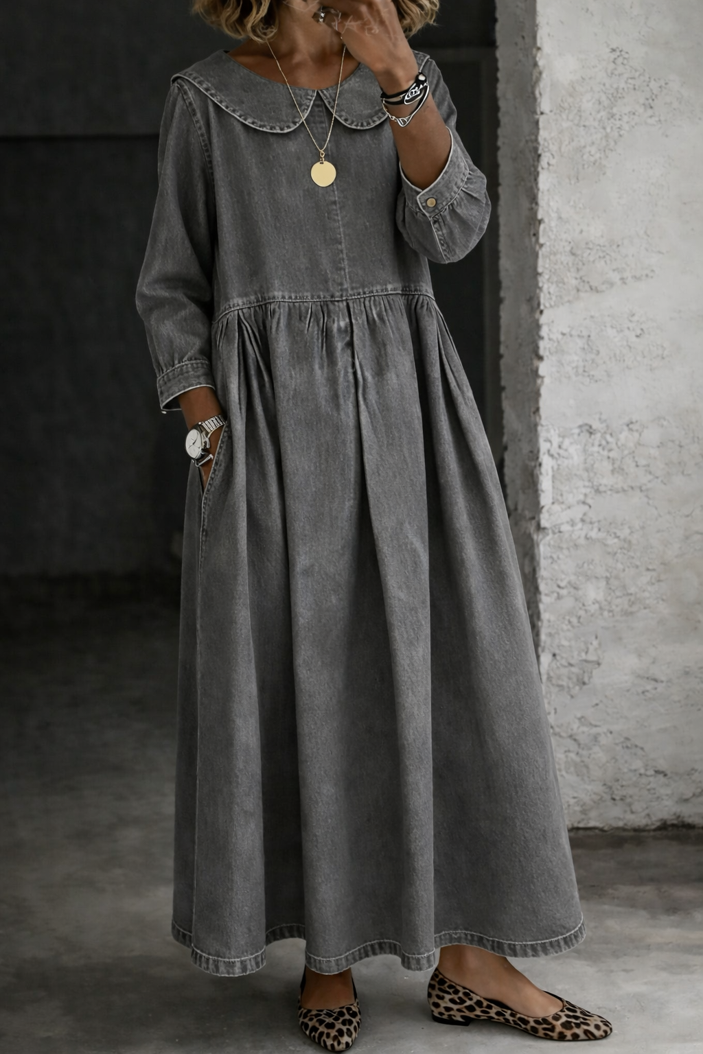 Clara™ | Vestido vaquero cuello Peter Pan