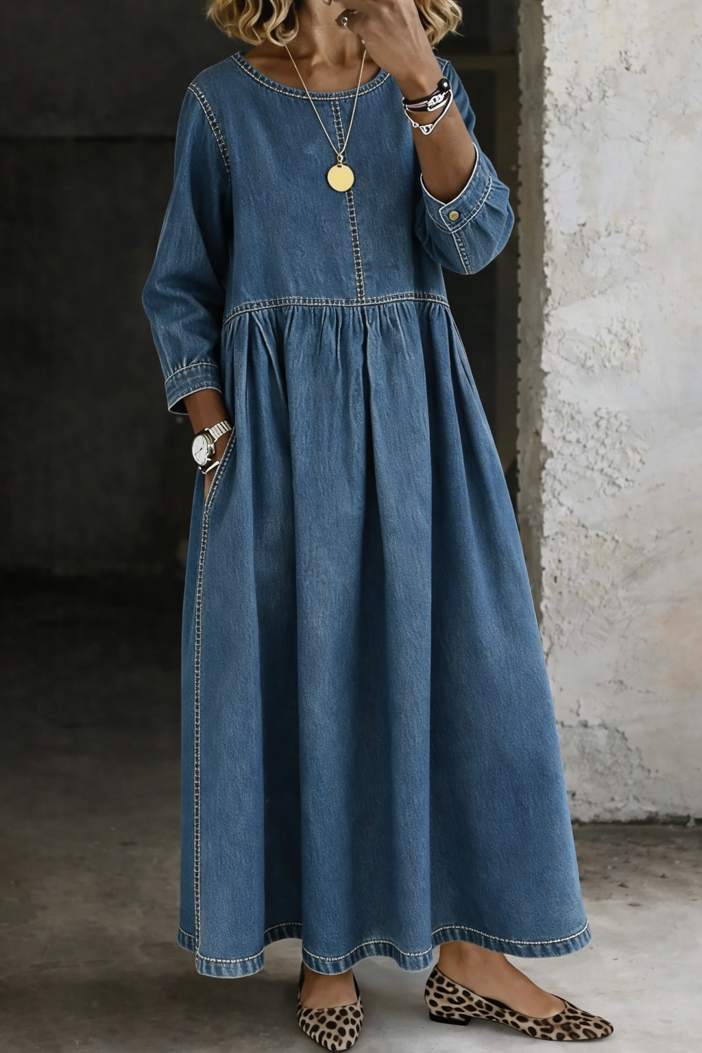 Melissa™ | Vestido vaquero cuello redondo manga larga