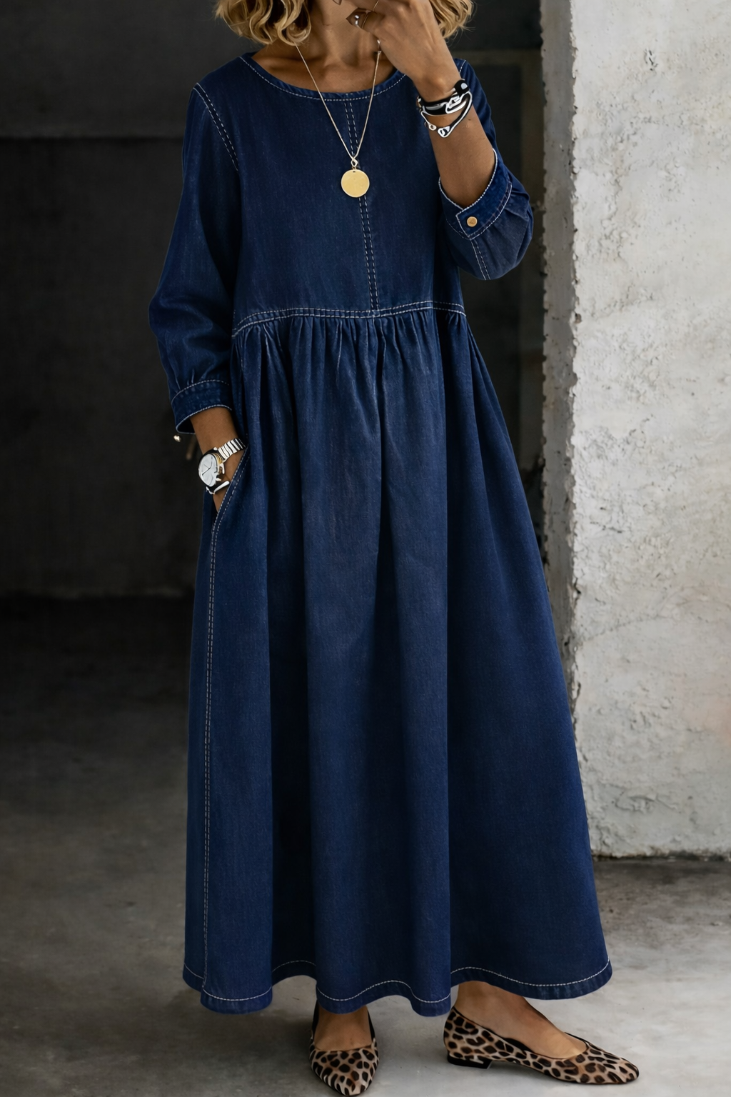 Melissa™ | Vestido vaquero cuello redondo manga larga