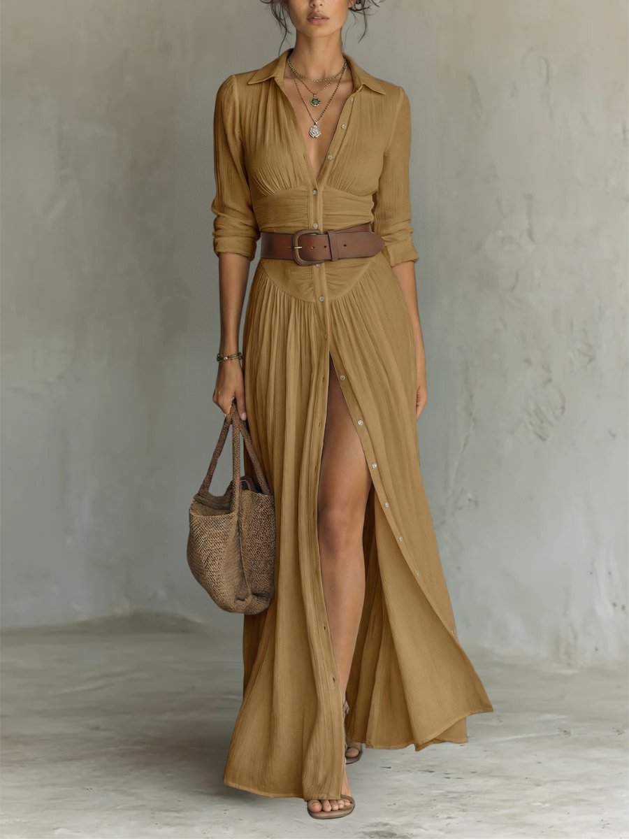 Vestido Maxi de Lino con Solapa y Manga Larga