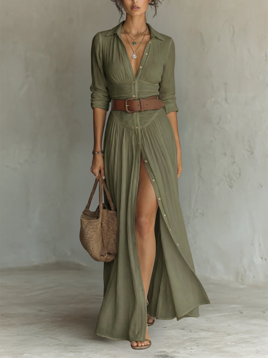 Vestido Maxi de Lino con Solapa y Manga Larga