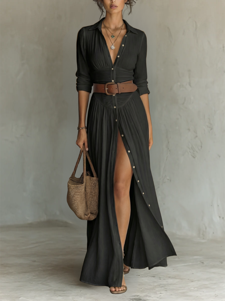 Vestido Maxi de Lino con Solapa y Manga Larga
