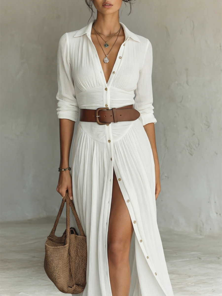 Vestido Maxi de Lino con Solapa y Manga Larga