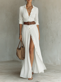 Vestido Maxi de Lino con Solapa y Manga Larga