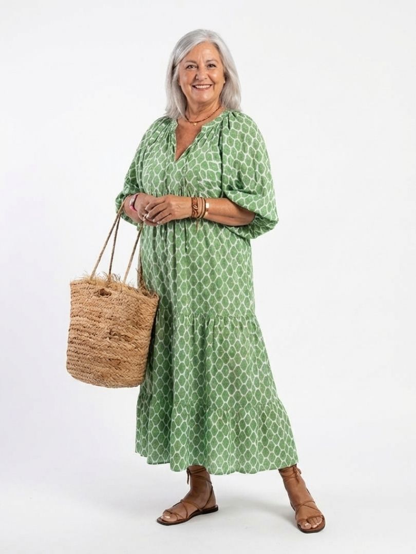 Apolline | Vestido Midi Estampado Cuello V Manga Tres Cuartos