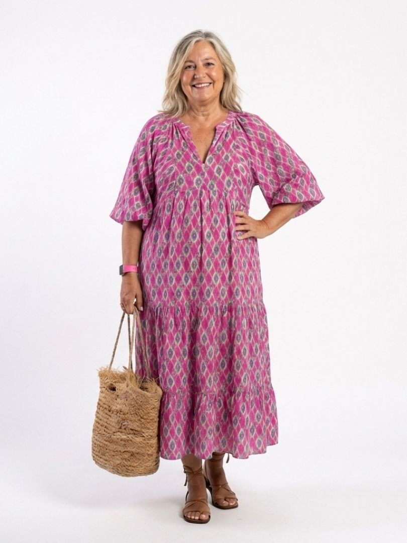 Apolline | Vestido Midi Estampado Cuello V Manga Tres Cuartos