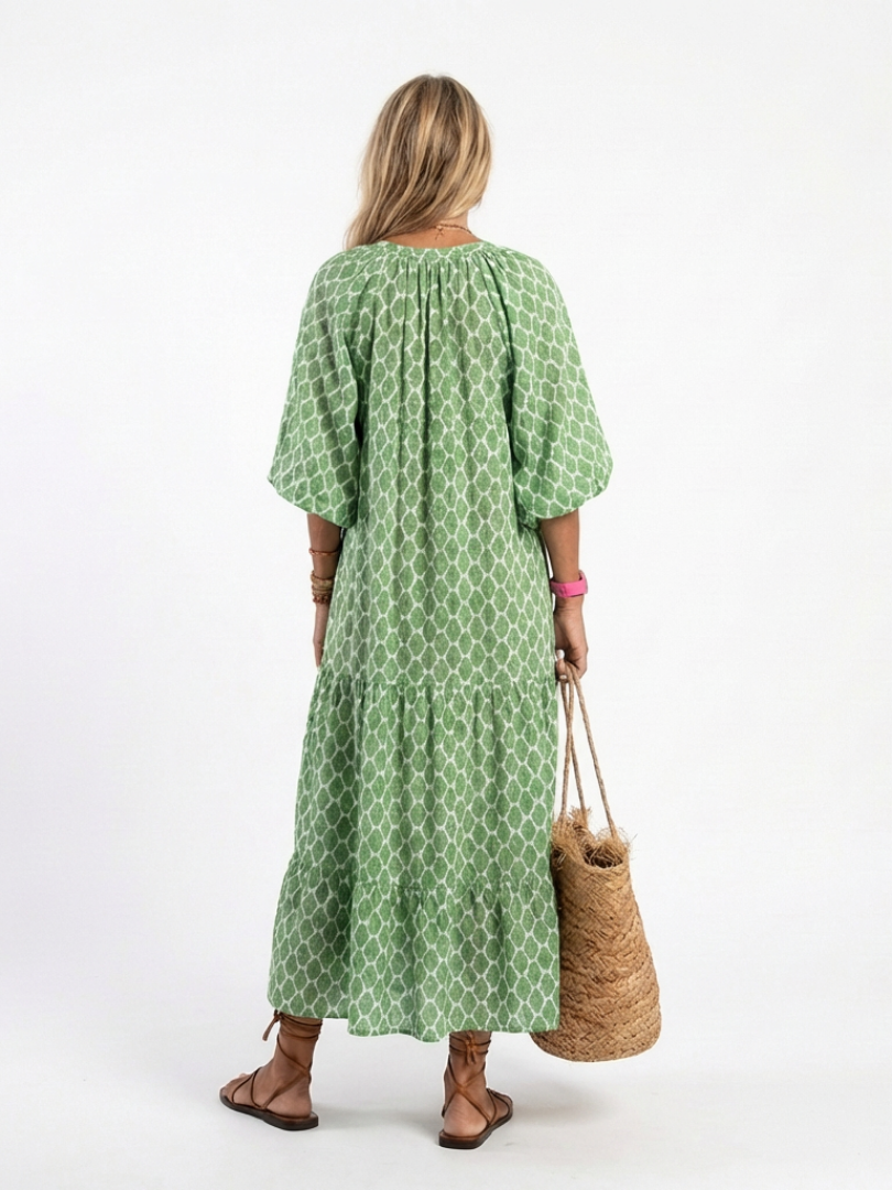 Apolline | Vestido Midi Estampado Cuello V Manga Tres Cuartos