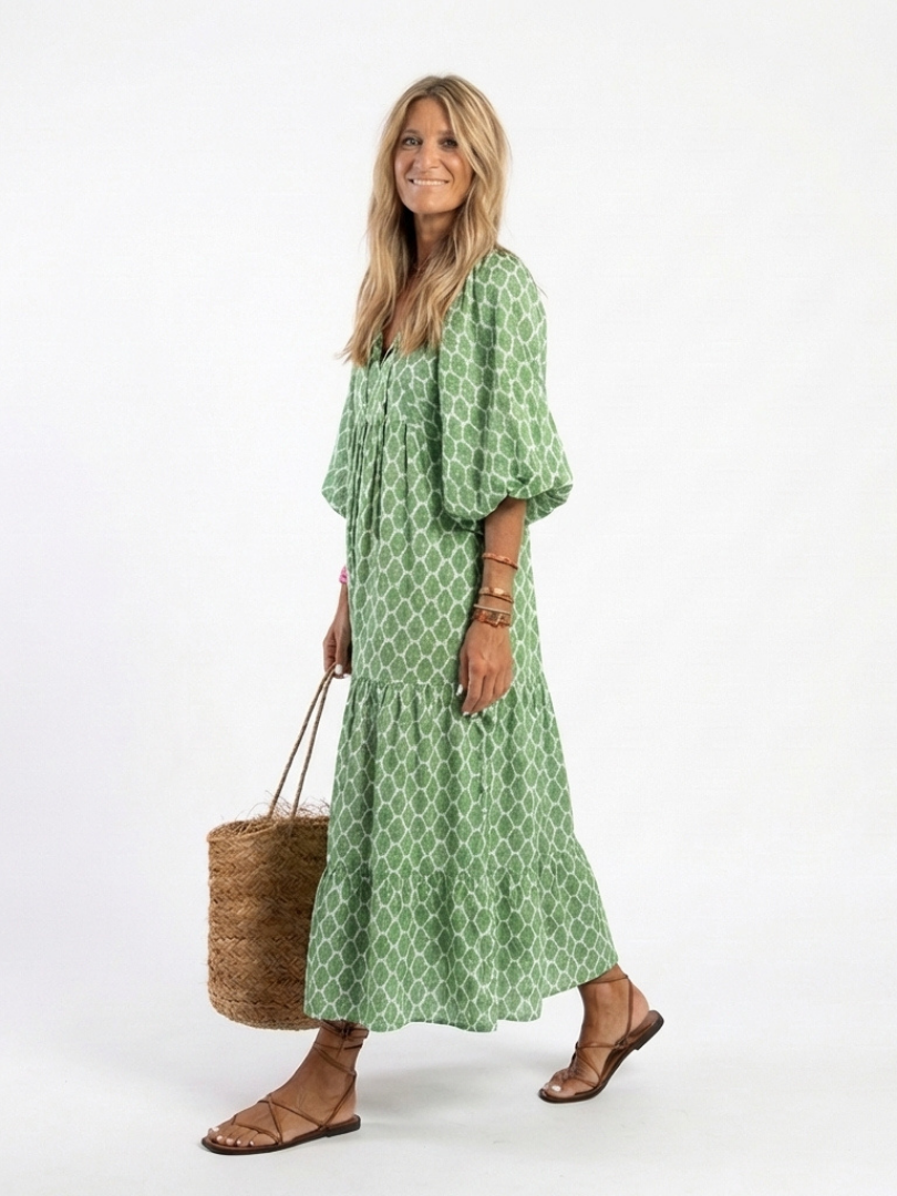 Apolline | Vestido Midi Estampado Cuello V Manga Tres Cuartos