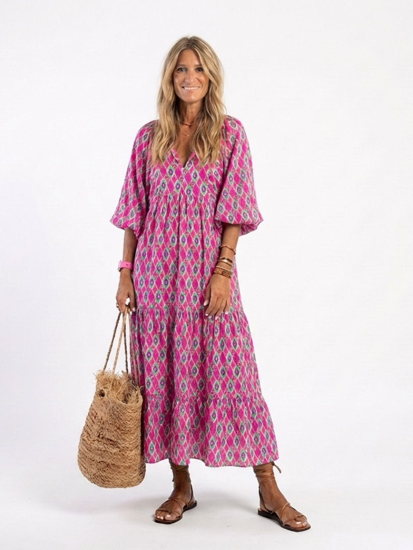 Apolline | Vestido Midi Estampado Cuello V Manga Tres Cuartos