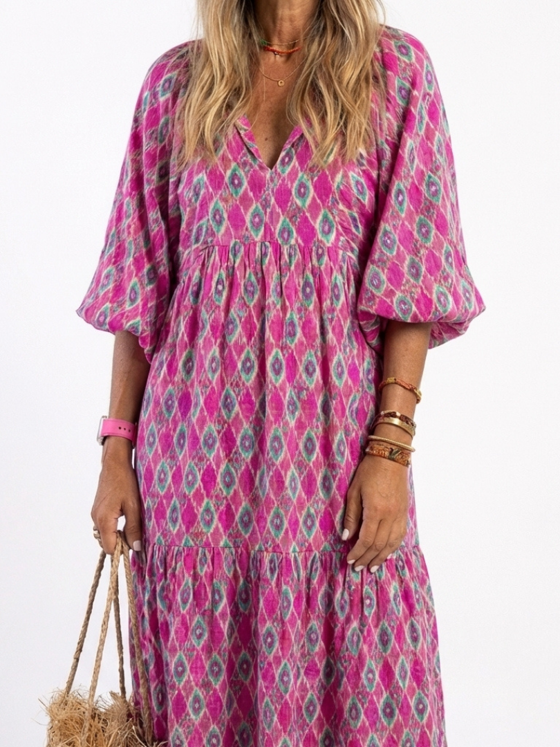 Apolline | Vestido Midi Estampado Cuello V Manga Tres Cuartos