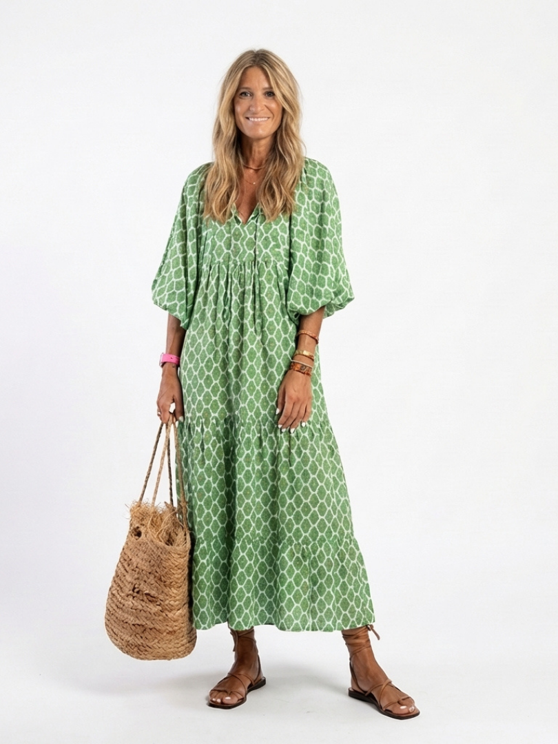Apolline | Vestido Midi Estampado Cuello V Manga Tres Cuartos