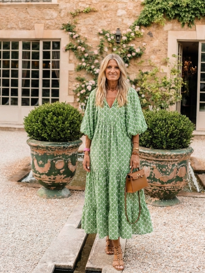 Apolline | Vestido Midi Estampado Cuello V Manga Tres Cuartos