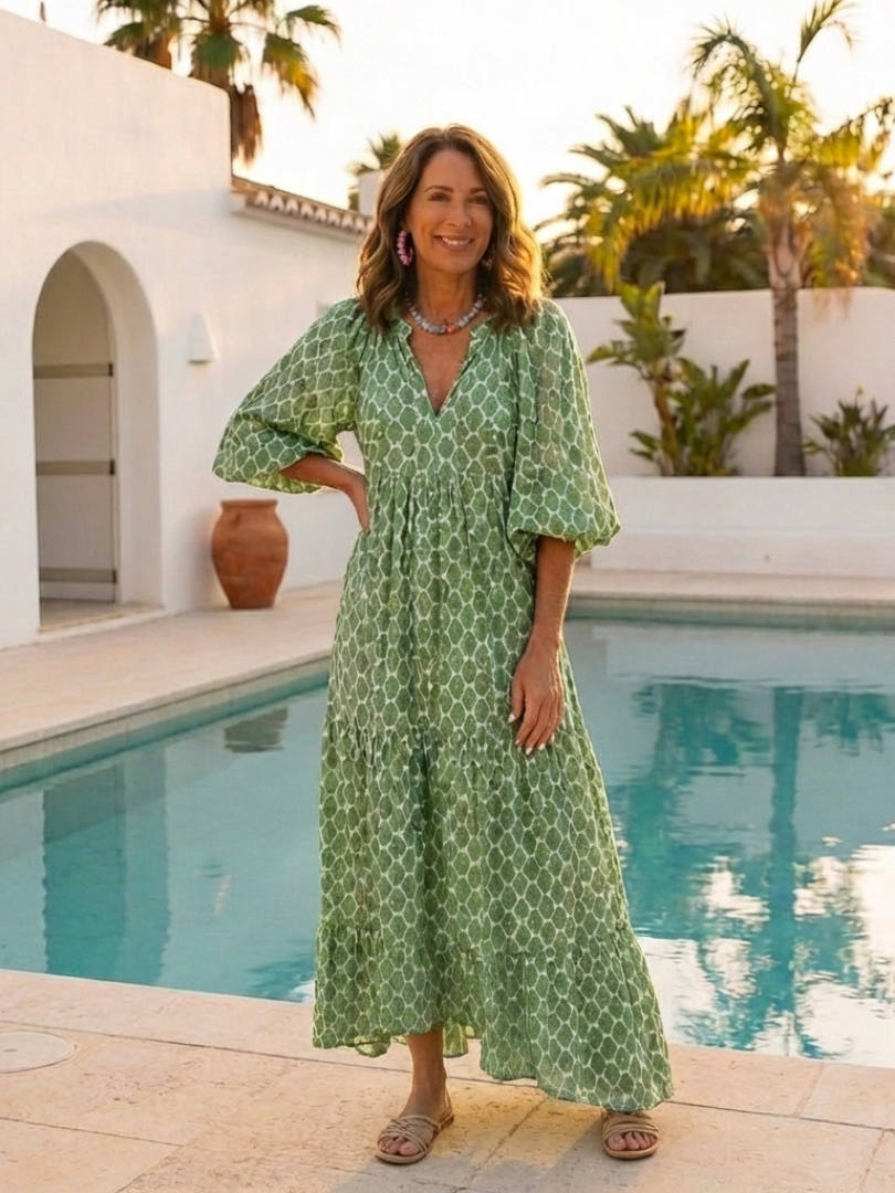 Apolline | Vestido Midi Estampado Cuello V Manga Tres Cuartos