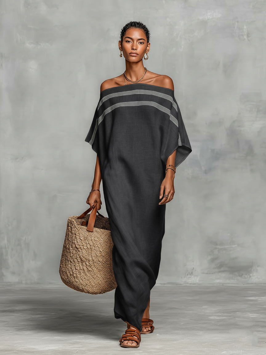 Vestido Maxi de Lino Minimalista Hombros Descubiertos