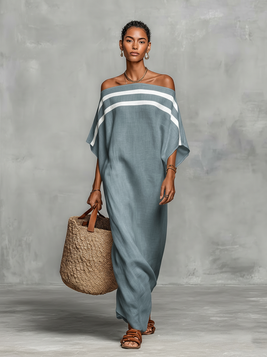 Vestido Maxi de Lino Minimalista Hombros Descubiertos