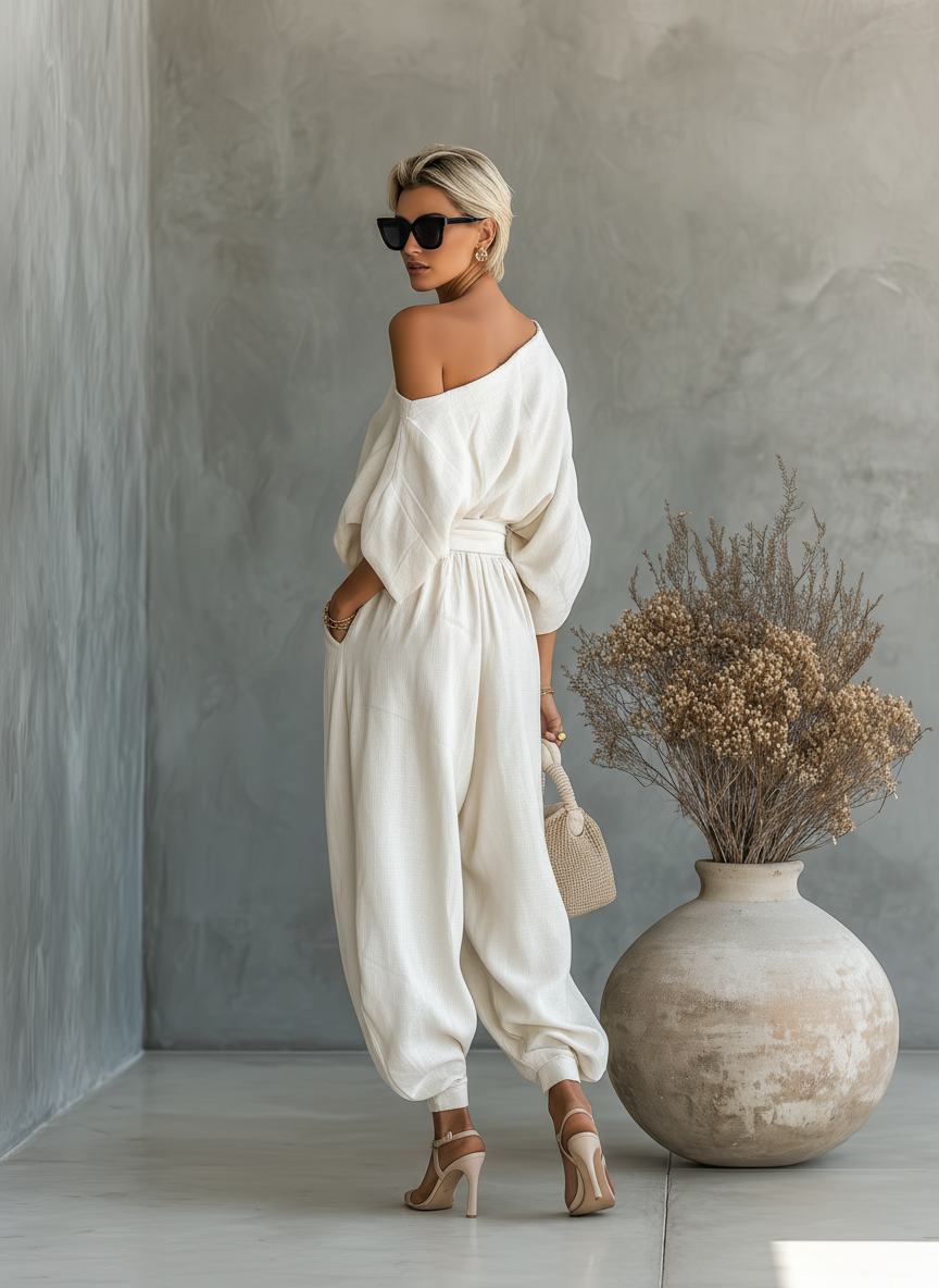 Conjunto de Lino Off-Shoulder con Pantalón