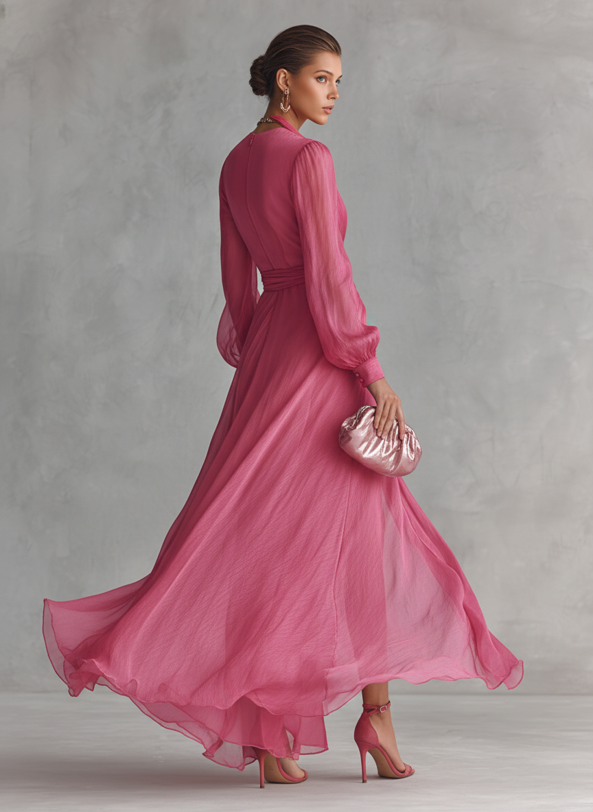 Vestido de Chifón Rosa con Escote en V