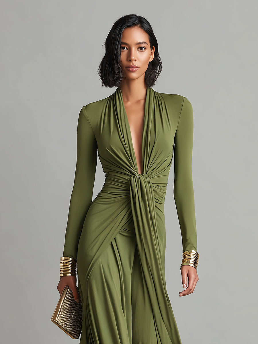 Vestido Maxi de Seda Verde Oliva con Escote en V