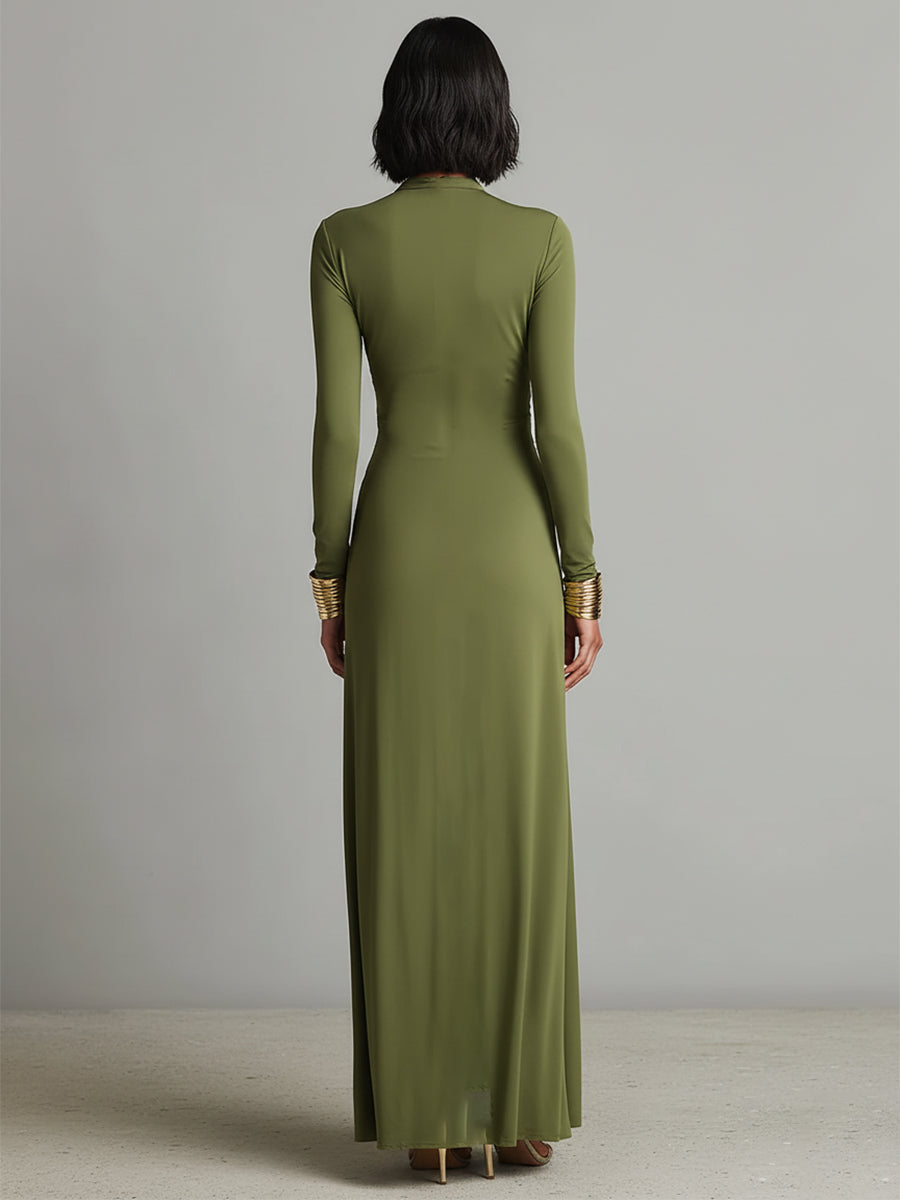 Vestido Maxi de Seda Verde Oliva con Escote en V