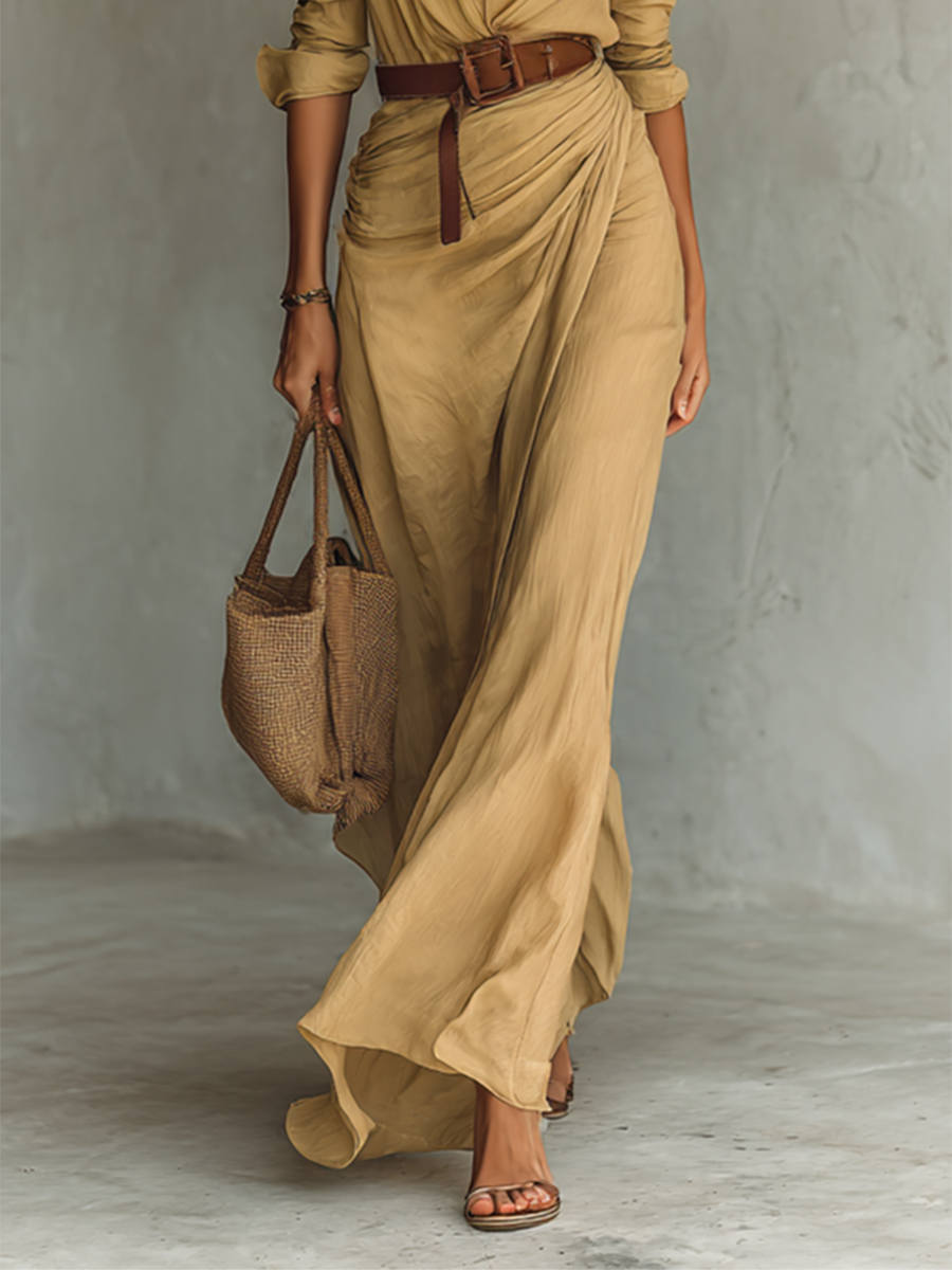 Vestido Maxi con Solapa y Manga Larga