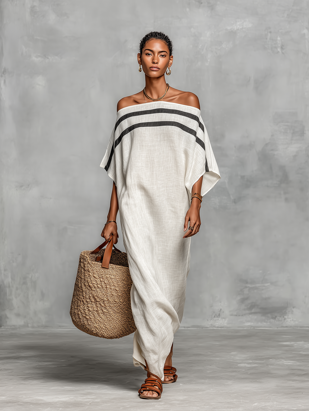 Vestido Maxi de Lino Minimalista Hombros Descubiertos