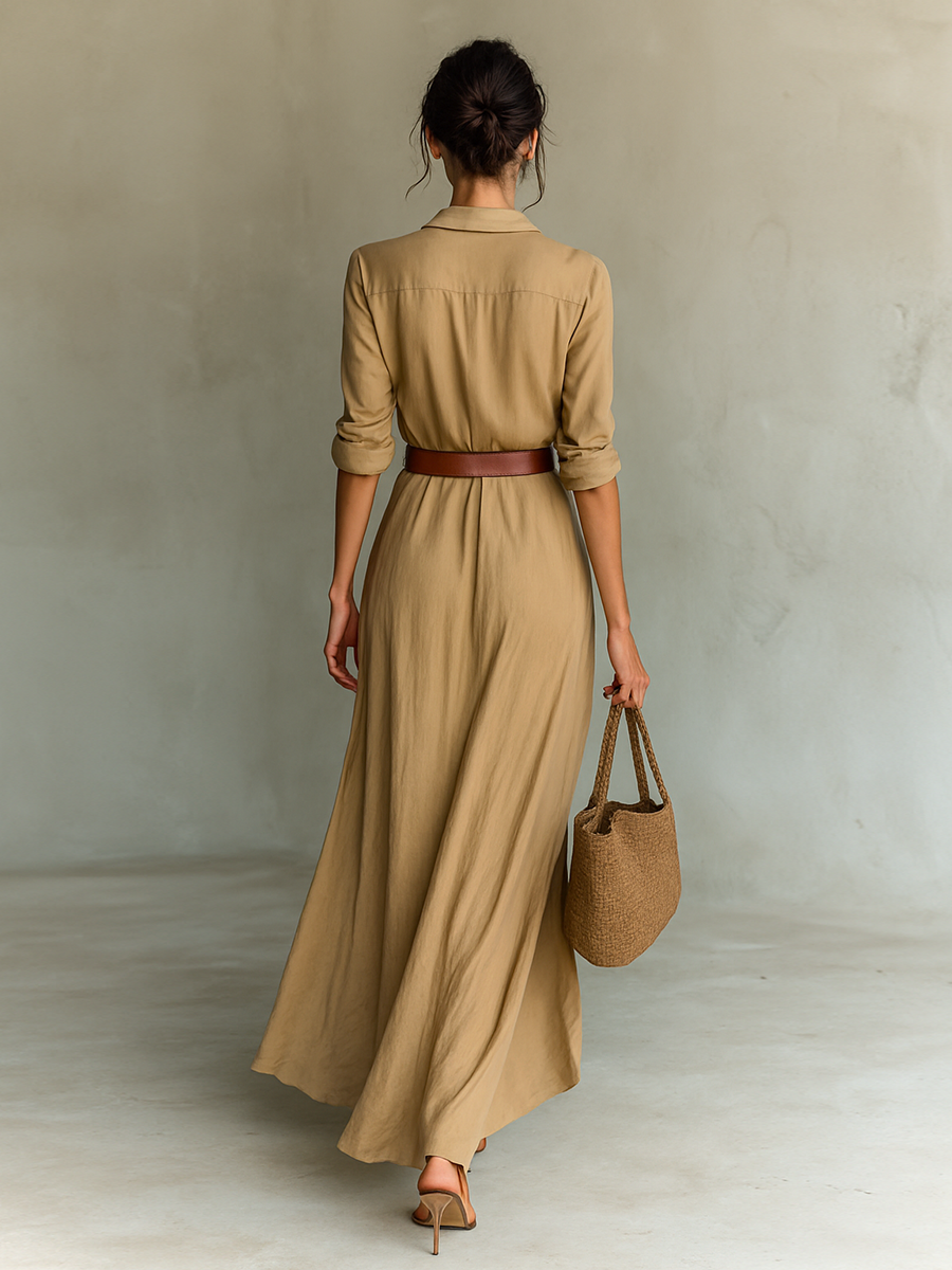 Vestido Maxi con Solapa y Manga Larga