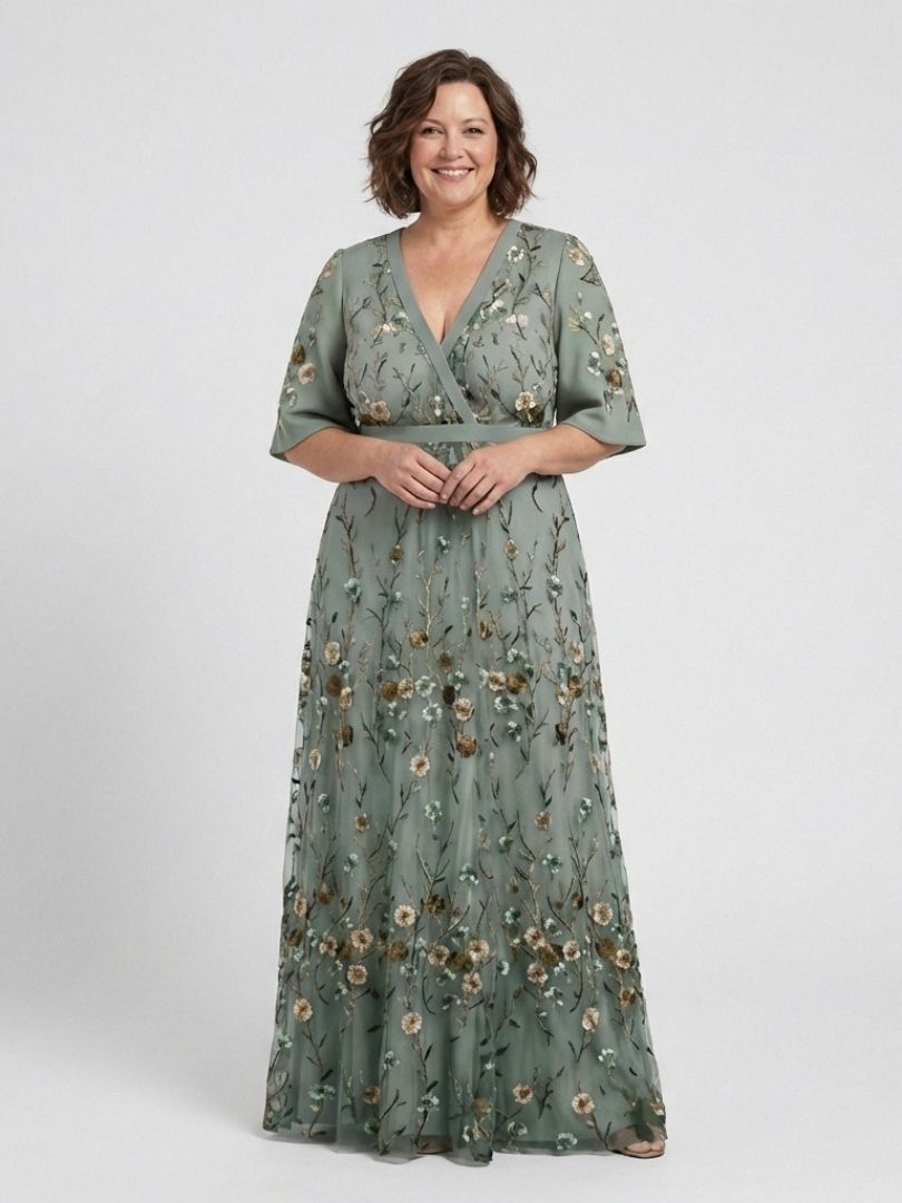 Evadne | Vestido Maxi Floral Cuello V Manga Corta