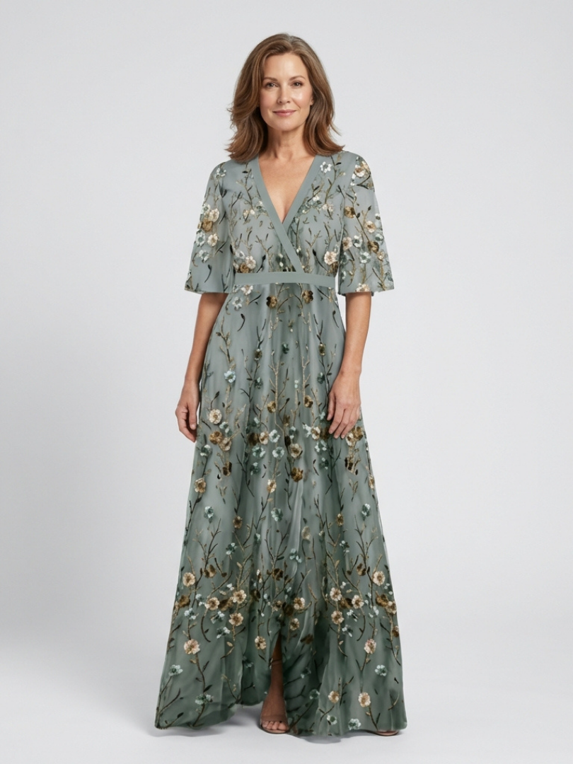 Evadne | Vestido Maxi Floral Cuello V Manga Corta
