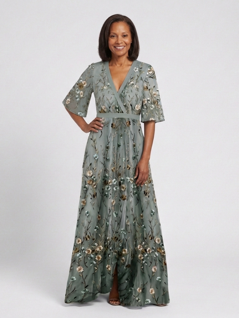 Evadne | Vestido Maxi Floral Cuello V Manga Corta