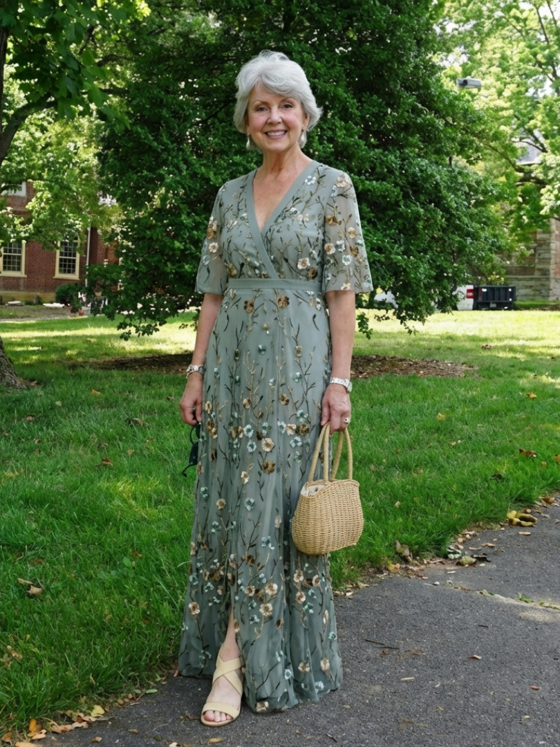 Evadne | Vestido Maxi Floral Cuello V Manga Corta