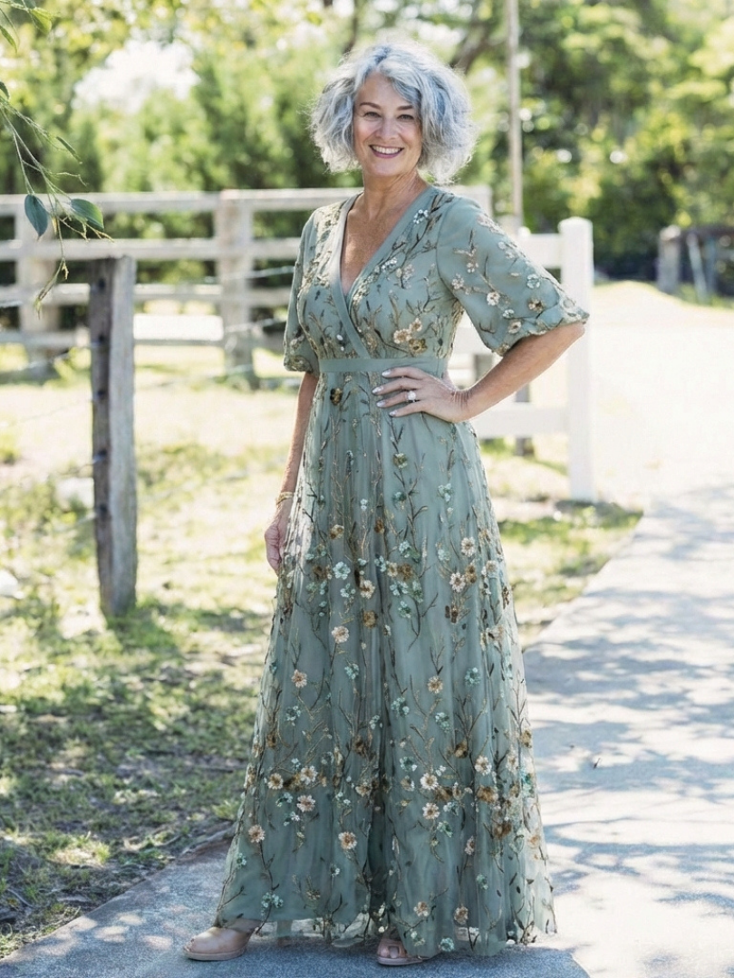 Evadne | Vestido Maxi Floral Cuello V Manga Corta